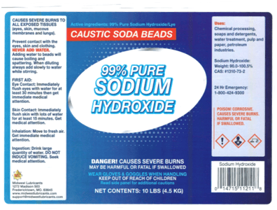 Recalled Midwest Lubricants 99% Pure Sodium Hydroxide Caustic Soda Beads label
